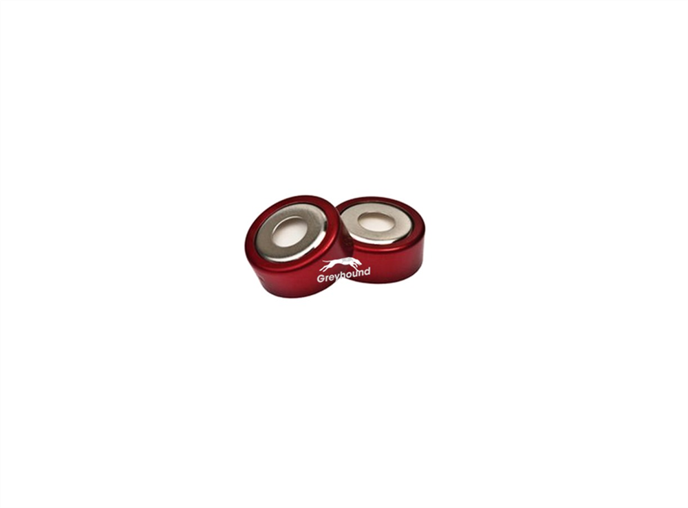 Picture of 20mm Bi-Metallic Magnetic Crimp Cap, Red, Open 8mm Hole with Clear PTFE/Cream Silicone Q-SEP Septa 3mm, (Shore A 38)